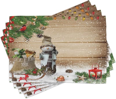 ABAKUHAUS kerstplacemats, sneeuwpop in de tuin, wasbare stof eetkamerkeukentafeldecoratie digitale print, witbruin