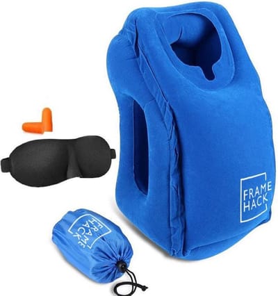 Framehack Zacht Opblaasbaar Reiskussen - Travel Pillow - Nekkussen - Inclusief 3D Slaapmasker, Oordopjes en Handig Opbergzakje - Blauw