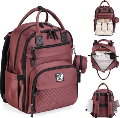 Brisby Premium Luiertas – Uitgebreide en Functionele Verzorgingstas – met buggymontage – Anti Diefstal Vakken - Reistrolley Sleeve - inclusief verschoonmatje t.w.v.15,99 euro en speenhouder - Levenslange Garantie - Rood