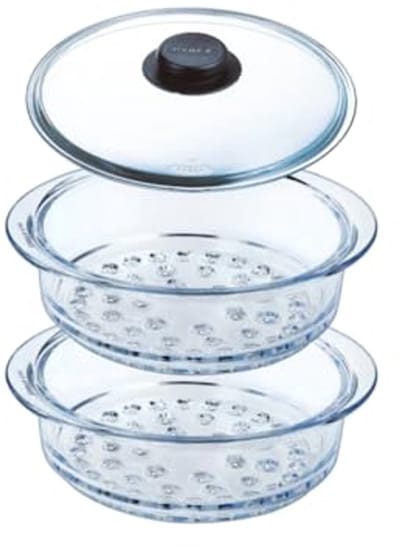 Dubbele Stoommand 20cm met Deksel - Stoomkoken in Borosilicaatglas - Geschikt voor Magnetron en Vaatwasser