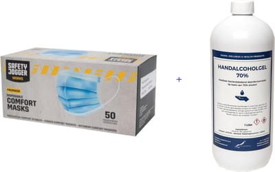 Claudius 3 Laags Mondkapje - 50 stuks - Licht Blauw + Handgel met dop - 1 liter