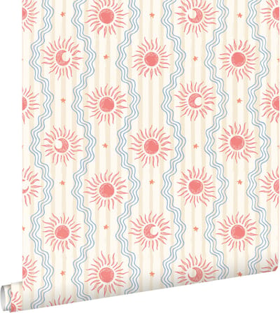 ESTAhome behang zonnetjes beige, blauw en rood - 50 x 900 cm - 132014