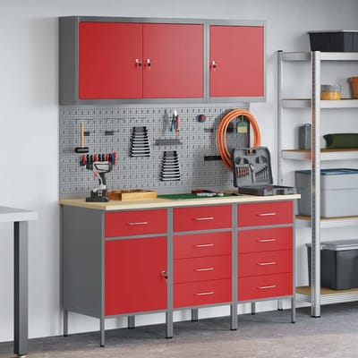 vidaXL - Werk - Cabinet - 8 - st - Rood - en - Grijs - Engineered - hout - en - staal