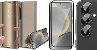 Hoesje geschikt voor Samsung Galaxy S24 - Screenprotector Volledig Dekkend Glas & Camera - Spiegel Book Case Goud