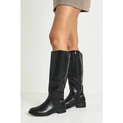 boohoo Dames Robuuste hardware details kniehoge platte laarzen | Black | Maat: 4