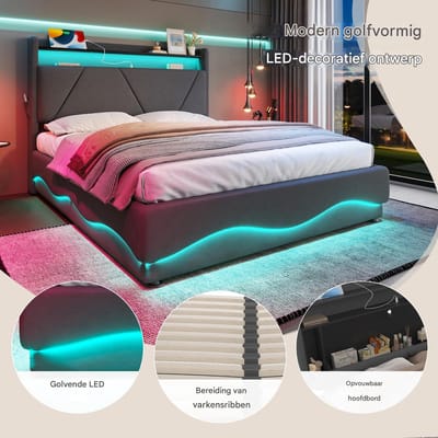 VVBV Gestoffeerd Opbergbed 160x200 cm - Hydraulische Opbergruimte, LED-Verlichting, USB, Bureau, Planken, Lattenbodem