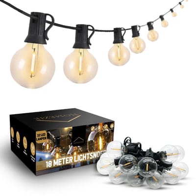 Homezie Lichtsnoer | 18 meter met 32 kunststof LED bulbs | Warm wit | Waterdicht | Koppelbaar & Dimbaar | Tuinverlichting | Prikkabel
