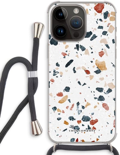 Case Company® - Hoesje met koord geschikt voor iPhone 14 Pro Max hoesje met Koord - Terrazzo N°4 - Telefoonhoesje met Zwart Koord - Bescherming aan alle Kanten en Over de Schermrand