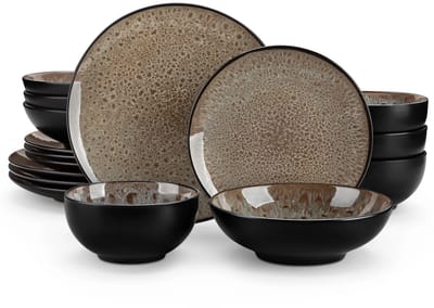 Home & Beyond® 16-Delige Stoneware Serviesset voor 4 Personen - Dinerborden, Ontbijtborden, Kommen en Diepe Borden - Bruin