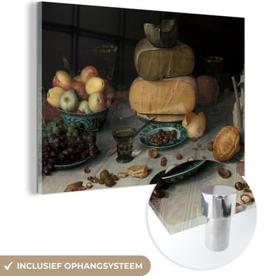 MuchoWow® Glasschilderij 120x80 cm - Schilderij acrylglas - Stilleven met kazen - Schilderij van Floris Claesz. van Dijck - Foto op glas - Schilderijen