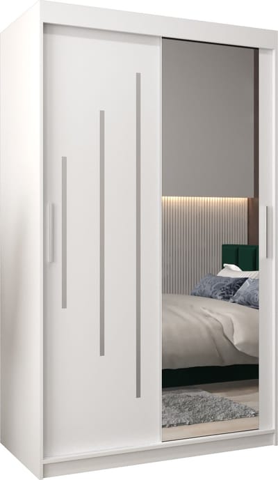 InspireMe - Kledingkast met 2 schuifdeuren, Modern-stijl, Een kledingkast met planken en een spiegel (BxHxD): 120x200x62 - MALTESE II 120 Wit Mat