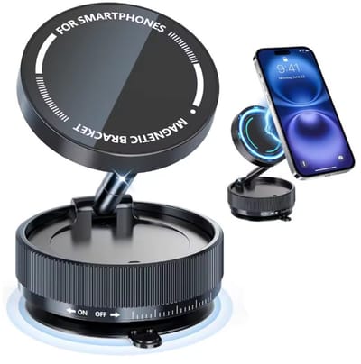 Aluminium Magnetische Auto Telefoonhouder met Vacuüm Zuignap – 360° Draaibaar – Opvouwbaar Design – Sterke Magnetische Absorptie – Voor Dashboard & Voorruit