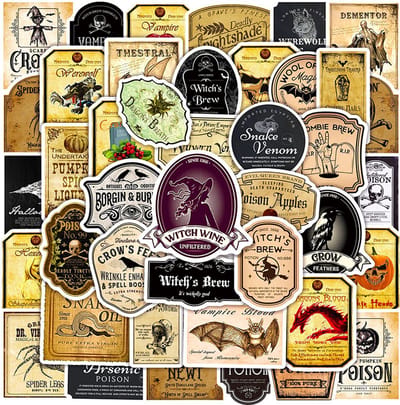 Vintage Halloween Stickers - mix van 50 - Grafstenen, Vergif, Vleermuis, Pompoen etc. 5x5CM