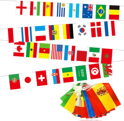 Dailygoods- Voetbalvlaggen 64 Stuks - Internationale Vlaggenlijn - 32 Landen - Polyester - 10 Meter - Kleurrijke Versiering