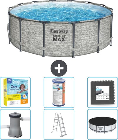 Bestway Rond Steel Pro MAX Zwembad - Steenprint - 427 x 122 cm - Inclusief Pomp - Ladder - Afdekzeil Onderhoudspakket - Filter - Vloertegels