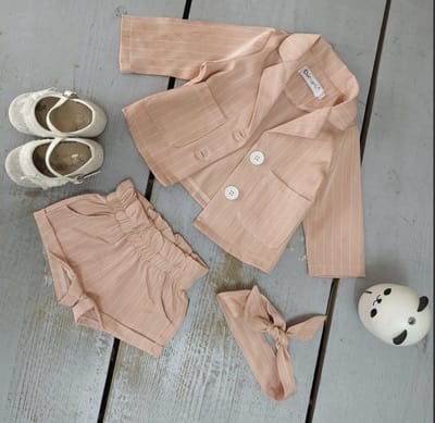 Baby Meisjes 3-Delige Set Roze – Blazer, Short & Haarband – Gestreept – Maat 68 t/m 98