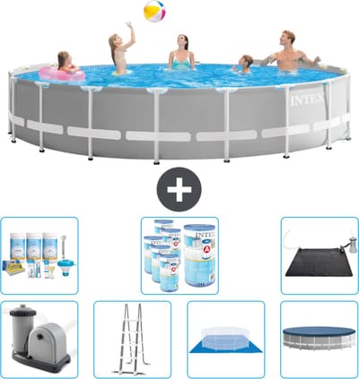 Intex Rond Prism Frame Zwembad - 548 x 122 cm - Grijs - Inclusief Pomp - Ladder - Grondzeil - Afdekzeil Onderhoudspakket - Filters - Solar Mat