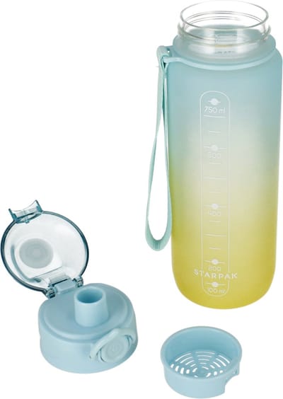 Blauwe en gele ombre plastic fles/waterfles met maatverdeling 750ml