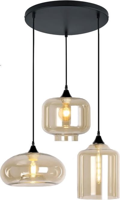 ByMus Chiloé - Hanglamp Woonkamer - Zwart - Glas - Amber - Hanglamp industrieel - Hanglamp Eetkamer - Hanglamp set - Hanglamp modern