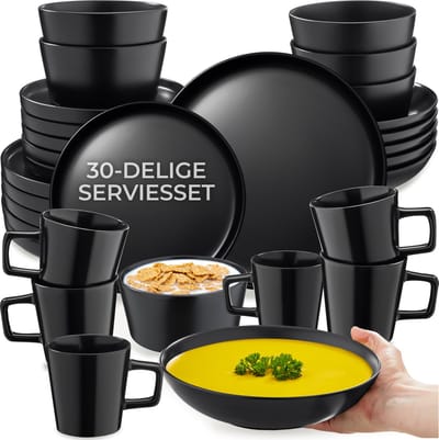 tectake® Serviesset Una - 30-delig - Aardewerk - 6 Persoons - Stijlvol en Duurzaam Servies - Bordenset met Grote en Kleine Borden, Kommen, Schaaltjes - Kopjes - Mat Zwart