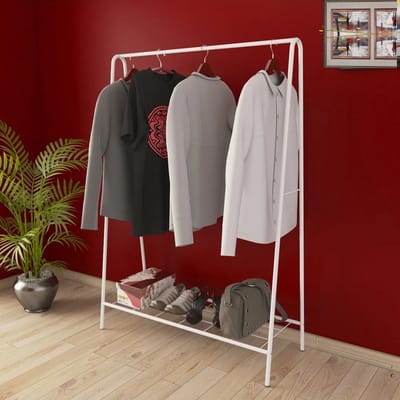 Design Kledingrek - Metaal - 150x40x104 CM - Wit - Opbergruimte Voor Schoenen - Garderoberek Met Haken - Opbergrek