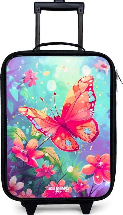 NoBoringSuitcases.com® - Kinderkoffer jongen - Kindertrolley meisje - Verbluffende vlinder - Koffer kind lichtgewicht - Reiskoffer trolley voor kinderen - Koffertje met lichtgevende wieltjes - Rolkoffer zwart