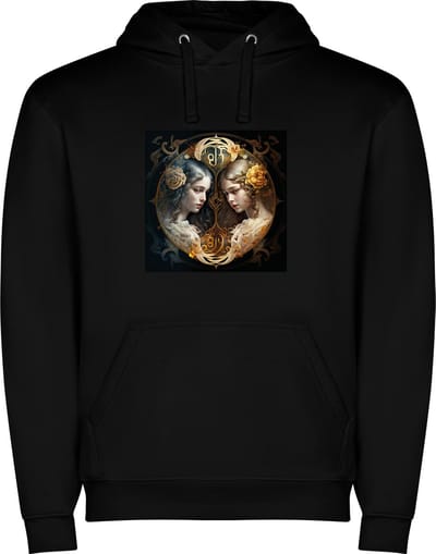 Zwarte unisex hoodie met “ Kleurrijke Sterrenbeeld Tweeling – Astrologie – Horoscoop – Zodiac Signs “ Print Full Color Color merk Roly maat S
