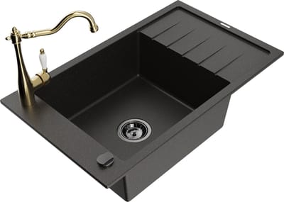 Mexen Elias granieten spoelbak 1-komors met afdruiprek en keukenkraan Carla, zwart/goud metallic - 6511-75-670700-50-B