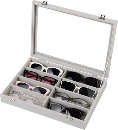 Zonnebril Organizer met 8 Slots, Luxe Velours Brillenhouder met Duidelijke Deksel, Ideaal voor Mannen en Vrouwen, Perfecte Opbergdoos voor Zonnebrillen en Zichtbare Brillen, 33.8 x 24.5 x 5.5cm