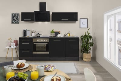 Goedkope keuken 220  cm - complete keuken met apparatuur Amanda  - Eiken/Zwart - soft close - keramische kookplaat - vaatwasser - afzuigkap - oven    - spoelbak