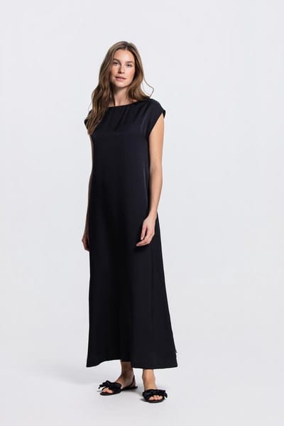 Jansen Amsterdam Otis Jurk Cb 598 Colorblock Cap Sleeve Wide Neckline Long Dames - Jurk - Zwart - Maat 38