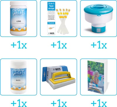 Zwembad Onderhoudspakket - Onderhoud Zwembad - bevat Chloor - Testrips - Chloordrijver - Chloor - Scrubborstel en Zwembadgids (6-delig)