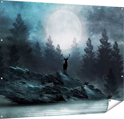 Gards Tuinposter Hert op een Rots tijdens Volle Maan - 150x120 cm - Tuindoek - Tuindecoratie - Wanddecoratie buiten - Tuinschilderij