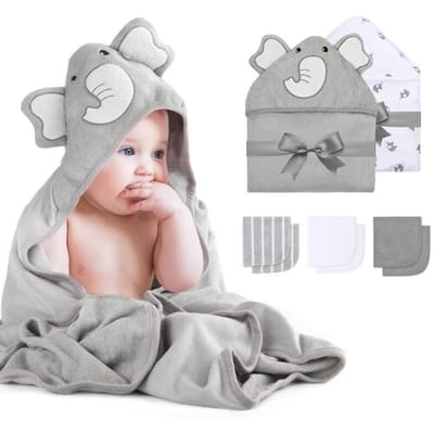 Momcozy badhanddoeken- en washanddoeken-set van polyestercotoonmengsel M19FWXY01 (grijs olifantenpatroon, 8 stuks)