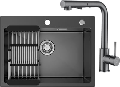 Sofetiy MAX Spoelbak Keuken 60x45cm - Spoelbak Keuken met Kraangat - Enkele spoelbakken Met Keukenkraan Met Uittrekbare Uitloop - Spoelbak met Afdruipgedeelte - Antraciet