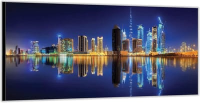KuijsFotoprint - Schilderij - Skyline Met Lampjes - Zwart, Blauw En Oranje - 100 X 200 Cm