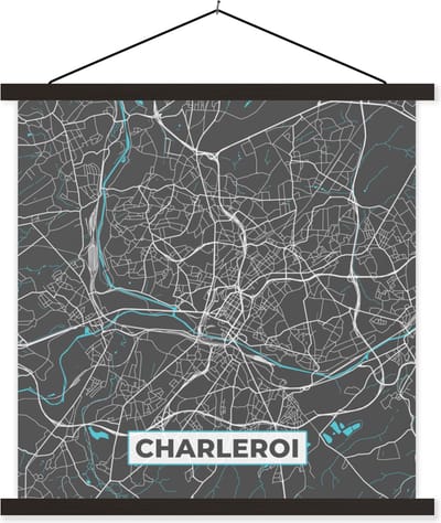 Posterhanger incl. Poster 60x60 cm - Schoolplaat - Stadskaart – Grijs - Kaart – Charleroi – België – Plattegrond - Textielposter - Zwarte latten - Stadskaart
