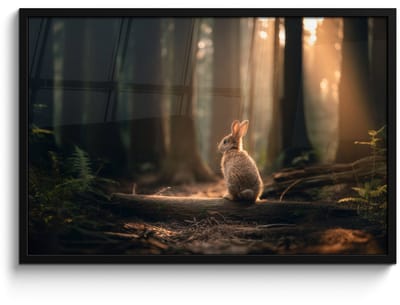 Poster in lijst - Fotolijst 90x60 cm - Posters - Konijn - Bos - Zonnestralen - Posterlijst zwart - Decoratie - Wanddecoratie woonkamer - Muurdecoratie slaapkamer