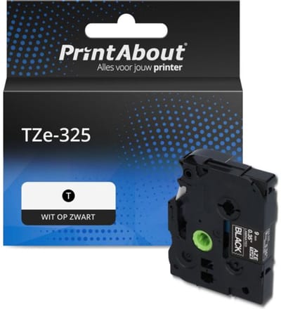 PrintAbout huismerk Tape TZe-325 Wit op zwart (9 mm) Geschikt voor Brother