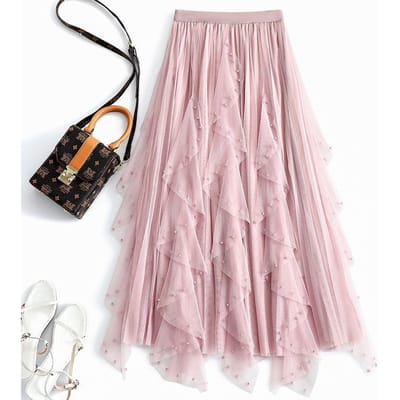 Lente en Zomer Genagelde Kralen Cake Halve Rok Dames Onregelmatige A-lijn Hoge Taille Mesh Gaas Midi Rok L roze