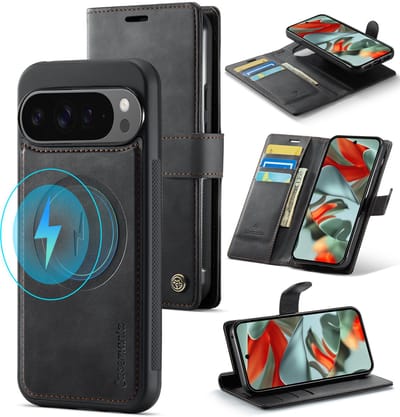 Casemania Hoesje Geschikt voor Google Pixel 10 Pro - Charcoal Gray - 2 in 1 Magnetische Book Case met Uitneembare Back Cover - Geschikt voor Qi2 en MagSafe - Telefoonhoesje met Pasjeshouder - Donker Grijs