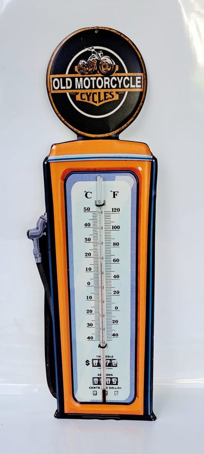 Blikken thermometer HK221 voor binnen of buiten motor Old Motorcycle cycles hoogte 48 cm - celsius en fahrenheit - benzine pomp nostalgic vintage art