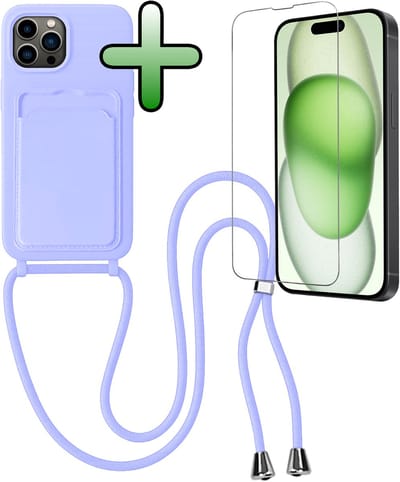 Hoes Geschikt voor iPhone 14 Pro Hoesje Pas Houder Case Hoes Met Koord Met Screenprotector - Hoesje Geschikt voor iPhone 14 Pro Hoes Met Telefoonkoord Pasjeshouder Cover - Lila