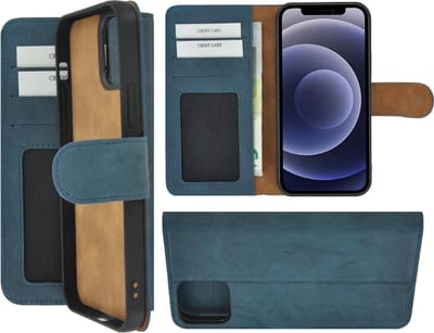Geschikt voor Iphone 12 Pro Hoesje - Bookcase - Iphone 12 Pro Hoesje Portemonnee wallet Echt Leer Washed Turquoise Cover