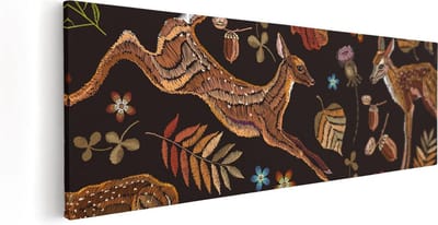 Artaza Canvas Schilderij Herten Borduurstijl - 60x20 cm - Muurdecoratie Bloemen - Wanddecoratie Herfst - Kamer Accessoires