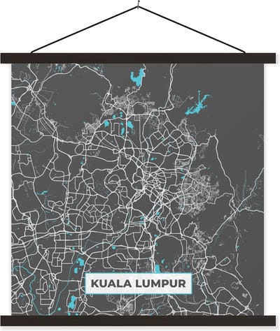 Posterhanger incl. Poster 60x60 cm - Schoolplaat - Kuala Lumpur - Stadskaart - Plattegrond - Blauw - Kaart - Textielposter - Zwarte latten - Stadskaart