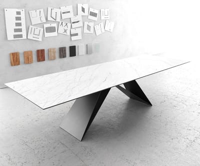 Eettafel Edge Laminam® keramiek wit 300x100cm V-middenvoet zwart