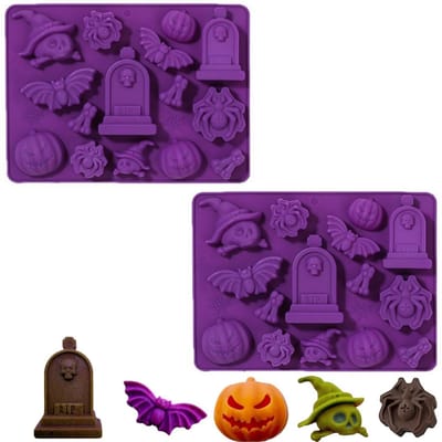 2 stuks - Halloween siliconen chocoladevormen - Pompoen, vleermuis, spin, grafsteen siliconen vormen - Voor snoep- en taartdecoratie - Zacht en flexibel - Paars - 22,5 x 16,5 x 2 cm - Geschikt voor snoep, hard snoep, lolly's en chocolade