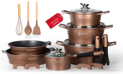 Royalty Line® ES1014 Pannenset Inductie - 17 Delige Pannensets - Pan Met Afneembare Handvaten - Oven Bestendig - Pannen Voor Alle Warmtebronnen - Antiaanbaklaag - Koper