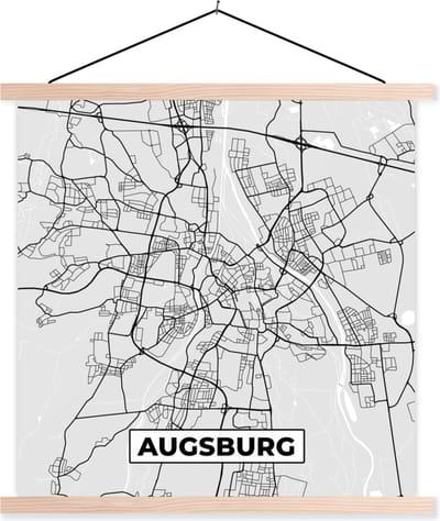 Posterhanger incl. Poster 40x40 cm - Schoolplaat - Plattegrond - Augsburg - Kaart - Stadskaart - Duitsland - Textielposter - Blanke latten - Stadskaart